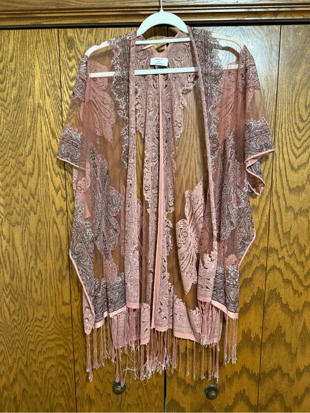 David and Young Sheer Paisley Fringe Kimono - Rose